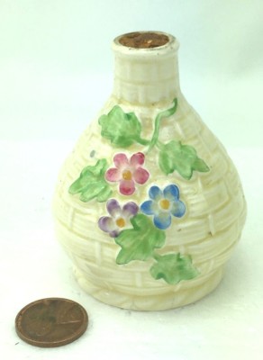 Crown Devon England Miniature Jug Vintage Basketweave Art Pottery Hand Painted