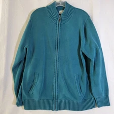 LL Bean Cardigan Zip Up Sweater Jacket Green Turquoise  Cotton Men Large 258292