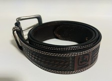 John Deere Mens Belt Basketweave Debossed Leather Casual Dark Brown Stitched