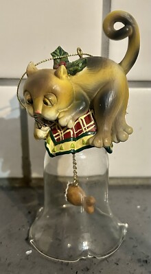Vintage Glass Christmas Bell Cat w/Gingerbread Fish Ornament Holiday 5''