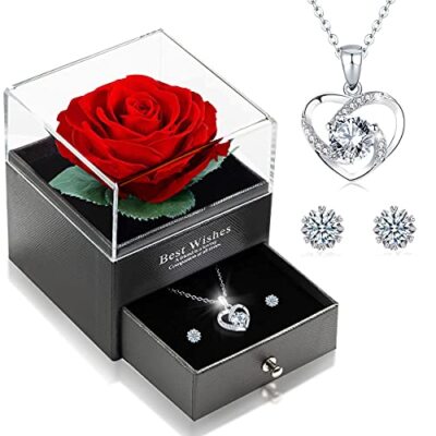 Ewige Echte Rose mit Herz Halskette und Ohrringe aus 925 Sterlingsilber,