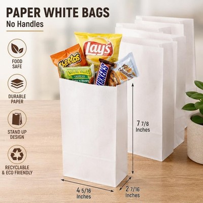 1000 2 lb White Paper Bags,#2, Lunch Bag Bulk for Sandwich, Popcorn, Snack,Gifts