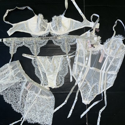 Victoria's Secret 34D BRA SET+GARTER+panty+L TEDDY WHITE Lace SHINE STRAP  BRIDAL | eBay
