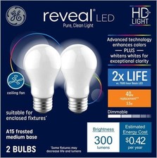 2 GE Reveal HD Light 40-Watt A15 Frosted White LED Light Bulbs - NEW