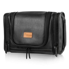 Travel Toiletry Bag Hanging Leather Shower Dopp Kit Bathroom Metal Hook Black