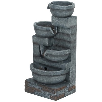 30'' Tall Outdoor Waterfall Fountain LED Lights 4-Tier Resin Cascading Water Bowl