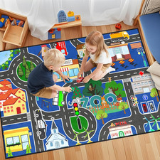 Road Rug for Kids - Car Rug Play Mat for Boys Room, Blue Road Carpet Playmat Fun