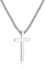 Cross Necklace for Men,Silver Stainless Steel Plain Cross Pendant Necklace