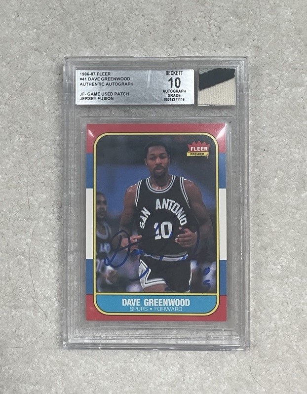 1986-87 FLEER JERSEY FUSION DAVE GREENWOOD ROOKIE AUTO GAME USED PATCH BGS 10 RC