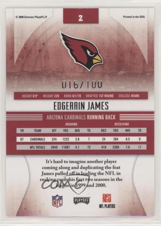 2008 Playoff Absolute Memorabilia Spectrum Silver /100 Edgerrin James #2 HOF - Image 2 of 2