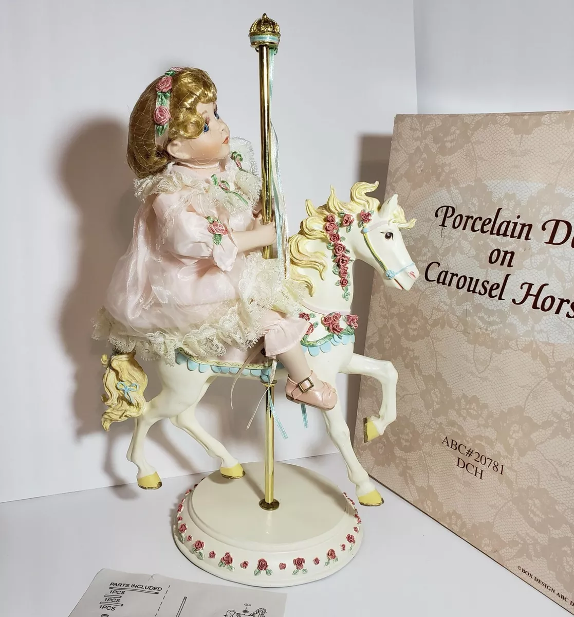 ABC Collectibles Porcelain Doll Riding Carousel Horse w Pole Base 20781