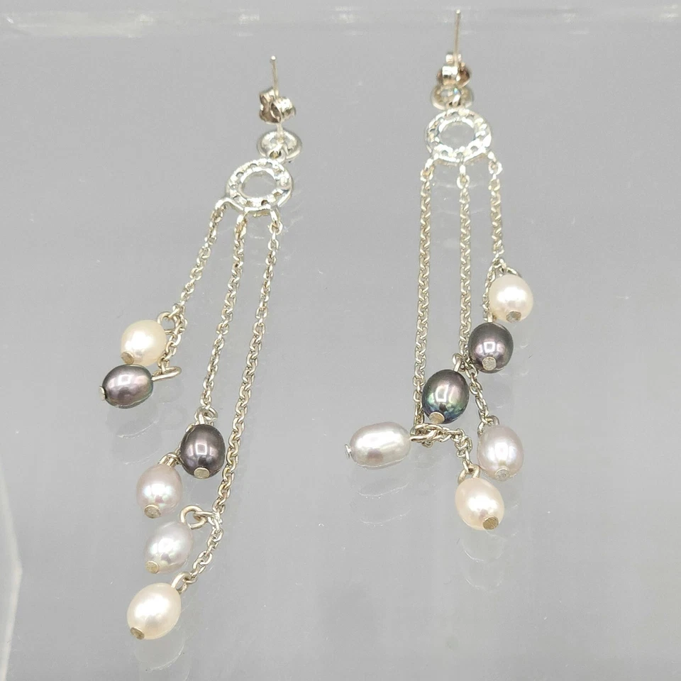 Sterling Silver Gray Cream FW Pearl Crystal Chain Drop Fringe Post Earrings 7.3g - Image 3 of 4