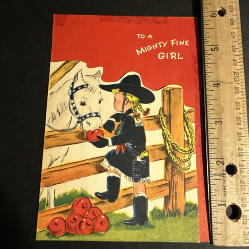 Vtg Greeting Card Hopalong Cassidy Cowgirl Horse Gun Cowboy hat boots Skirt - Picture 2 of 9