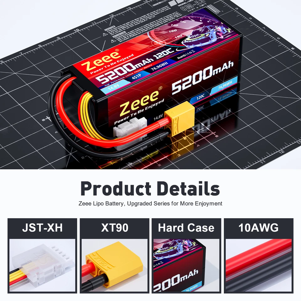 2x Zeee 4S Lipo Akku 14.8V 120C 5200mAh Hardcase XT90 für RC Auto Boot Buggy LKW - Bild 2 von 4