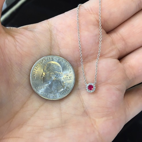 14k WHITE GOLD HALO PAVE DIAMOND & RUBY PENDANT, NECKLACE #1172 - Picture 3 of 3