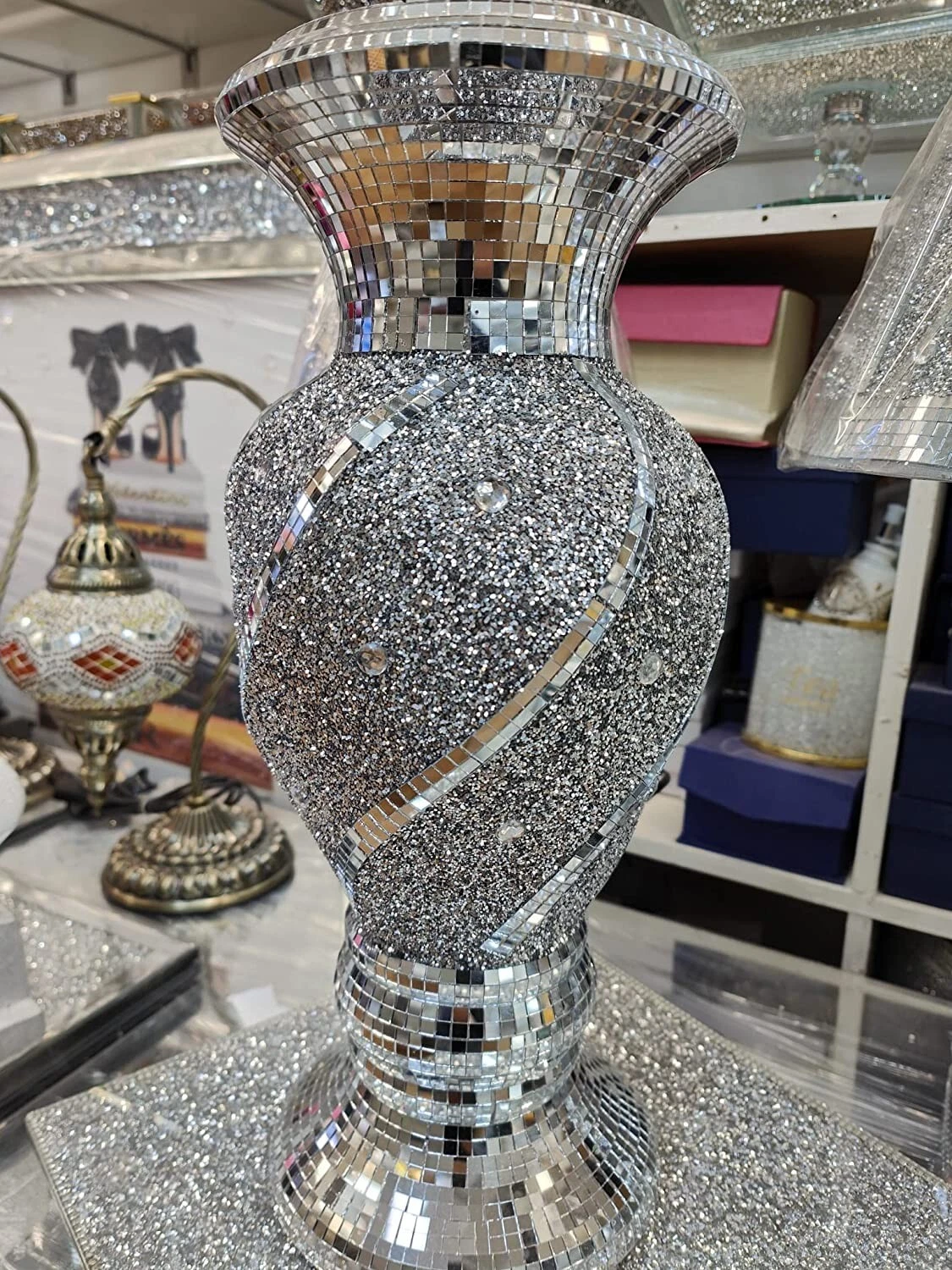 40cm Large Crushed Diamond Ceramic Silver Vase sculpture flower pot sparkle