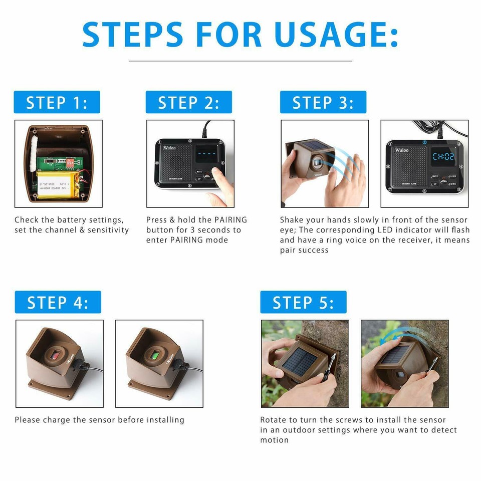 Wuloo Portata 1800ft Allarme Vialetto Ad Energia Solare Sensore A Infrarossi Di Movimento Wireless Sistema Di Sicurezza Esterno 1 Ricevore Set Di 2 Sensori - Foto 5