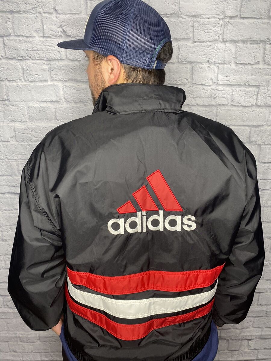 Vintage Adidas Windbreaker Jacket Zip Up Black Red White Vintage Adidas Windbreaker Jacket Zip Up Black Red White