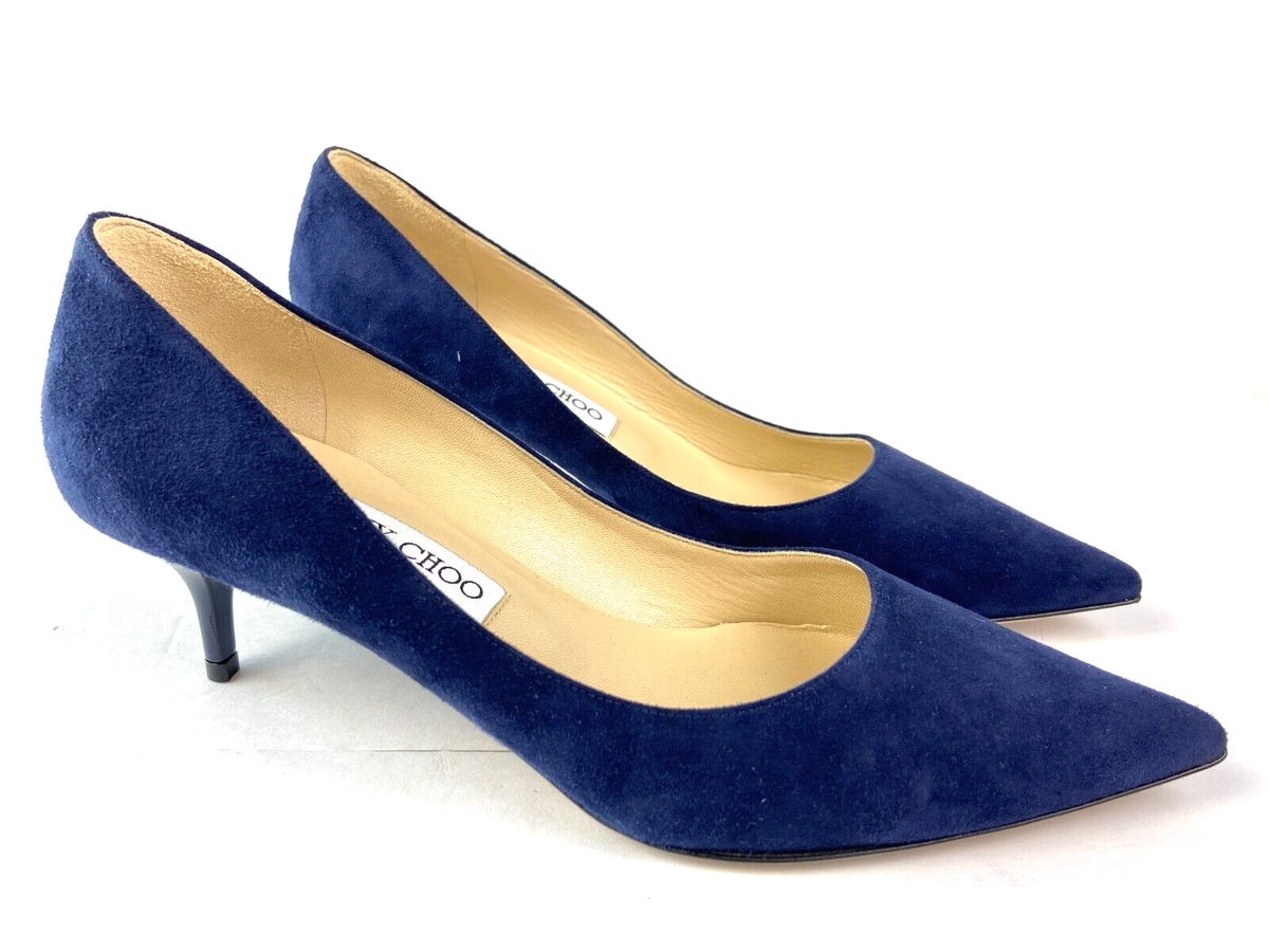 Jimmy Choo Italy Aza Navy Blue Suede Pointed Toe Kitten-Heel Pumps