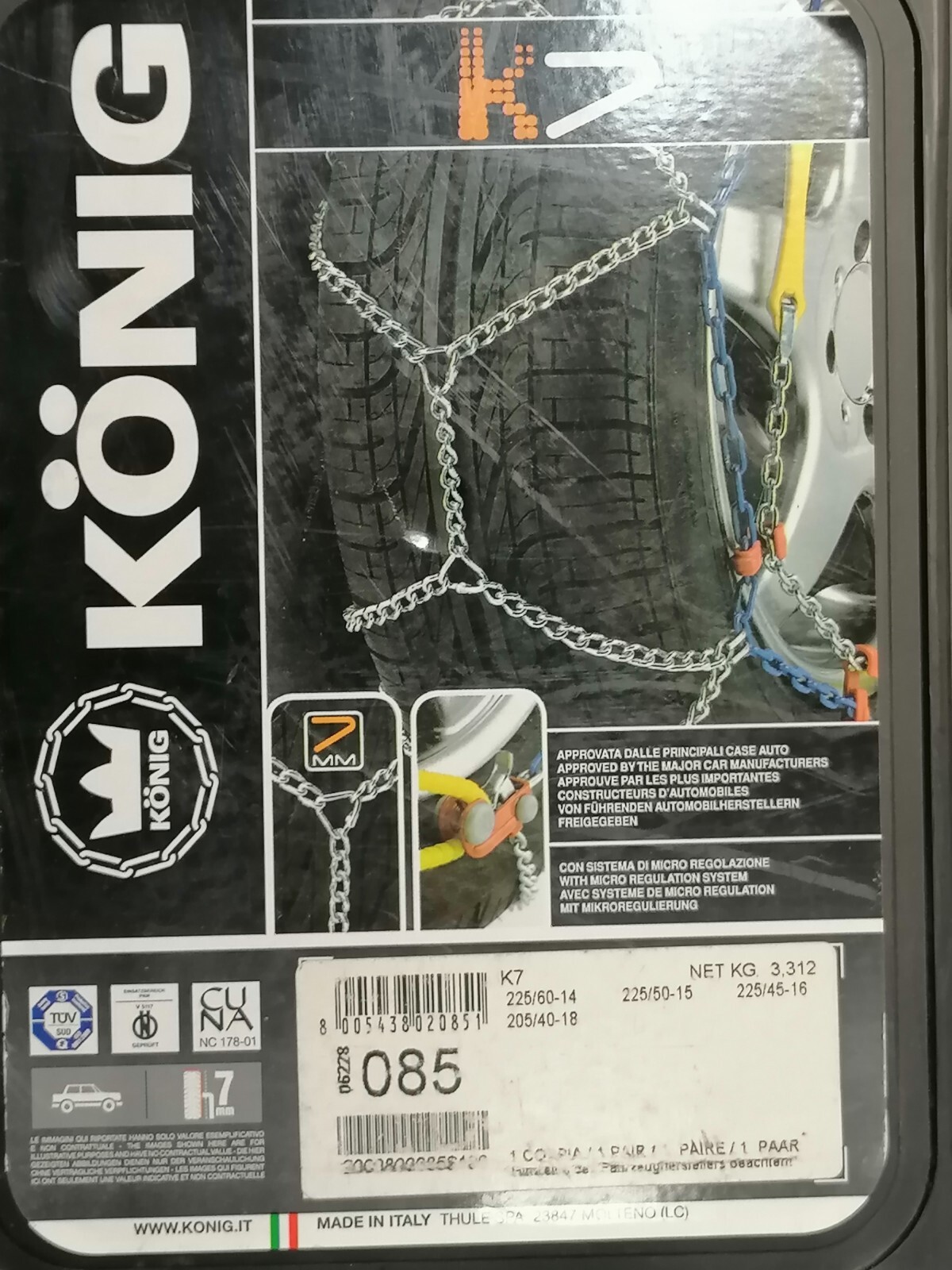 Chaîne neige König CK7 085 résout le manque d'espace de roue 225/60-14