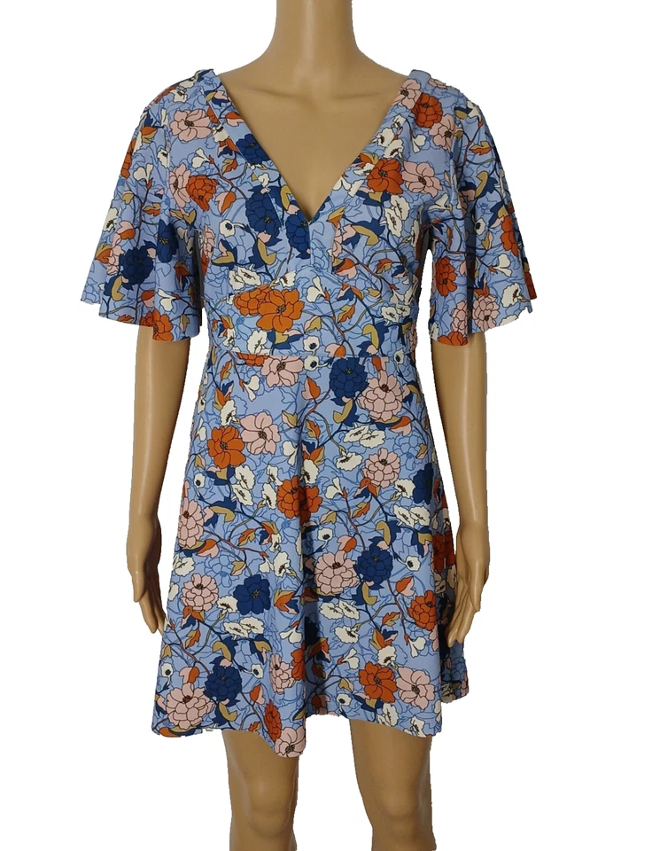 Zara Go Go Hippie 70 年代风格连衣裙蓝色花卉迷你短袖 V 领喇叭 — 第 2/4 张图片