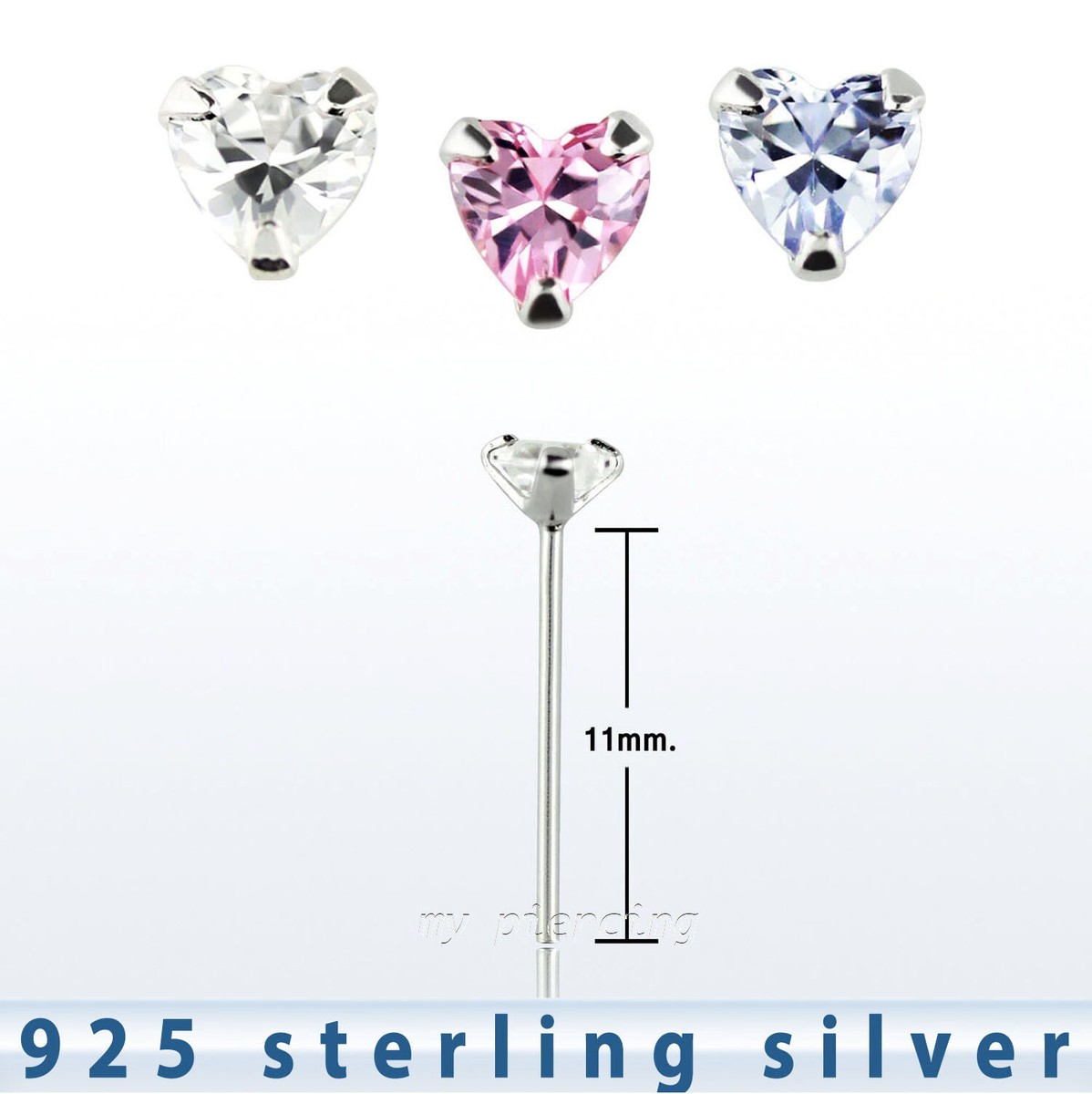 22G 3mm Heart-Shaped C.Z. Prong Set .925 Sterling Silver Straight
