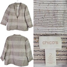 Chicos Blazer Women s Neutral Sequin Jacket Size 2 Large Textured Striped