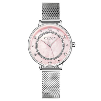 Stuhrling Ladies MOP Crystal Studded Ring Face Mesh Band Japan Quartz 34mm Watch