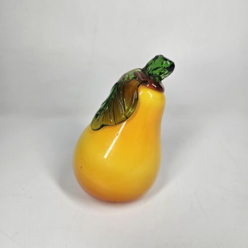 Murano Style Hand Blown Glass Pear Yellow Orange Accents Green Stem Leaf 5 inch - Picture 1 of 7