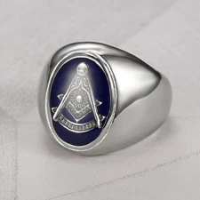 Men's Masonic Signet Rings Stainless Steel Blue Enamel Masonic Ring Gothic Biker