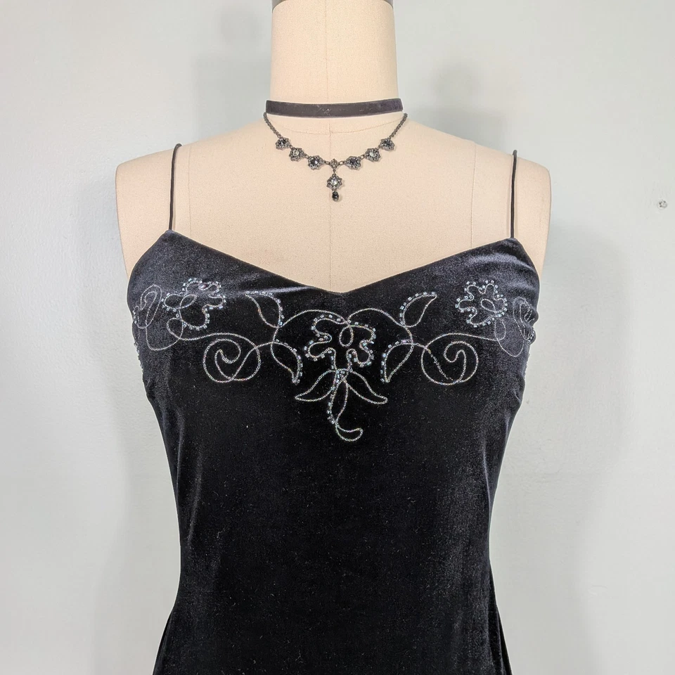 Vintage Dave Johnny Prom Dress Maxi Gown 8 Black Velvet Y2K 90S Goth Velvet Glam - Image 4 of 4