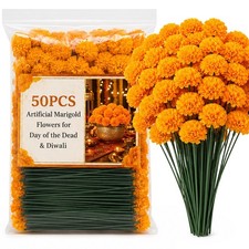 50 Orange Artificial Marigold Flowers for Day of the Dead, Diwali