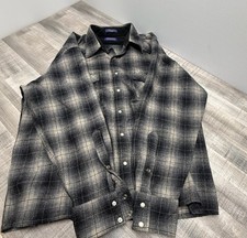 Pendleton Men's XL Black Gray Cream Plaid 100 Virgin Wool Pearl Snap Western