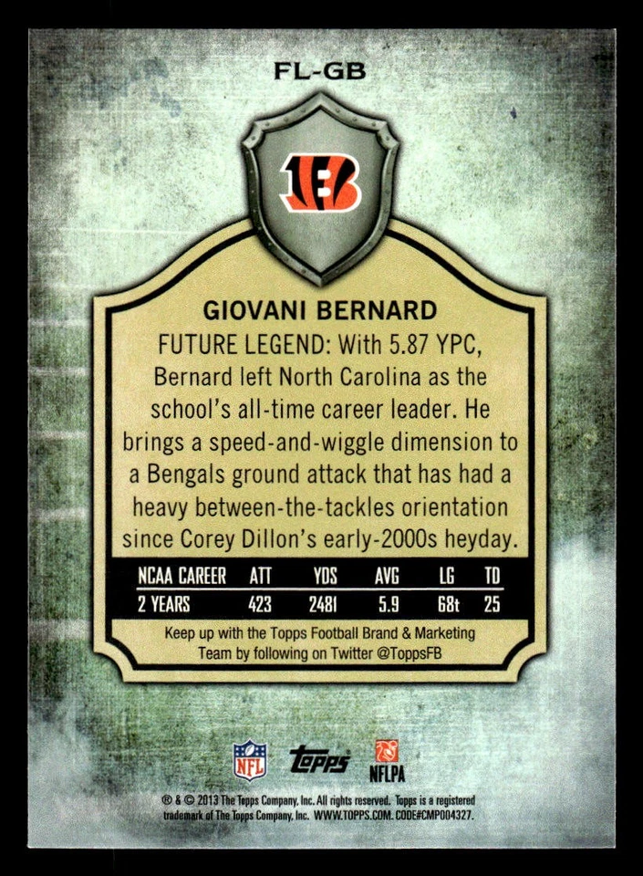 2013 Topps #FL-GB Giovani Bernard Future Legends Card Cincinnati Bengals - Image 2 of 2