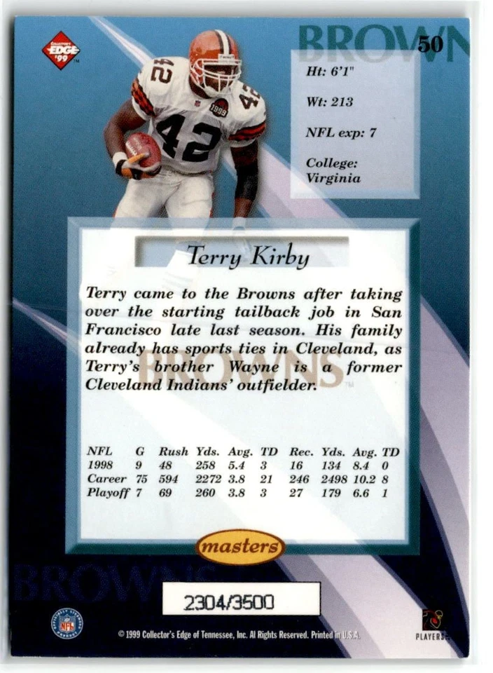 Terry Kirby SN Cleveland Browns 1999 Collector's Edge Masters HoloSilver #50 - Image 2 of 2