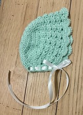 Hand Crocheted Mint Green Bonnet Size Newborn Baby Girl