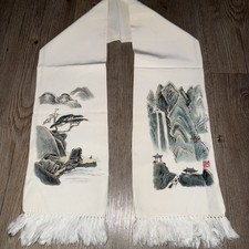 Chinese Hand Painted Silk Scarf China 1950s, 1960s Fringe Opera Scarf Landscape