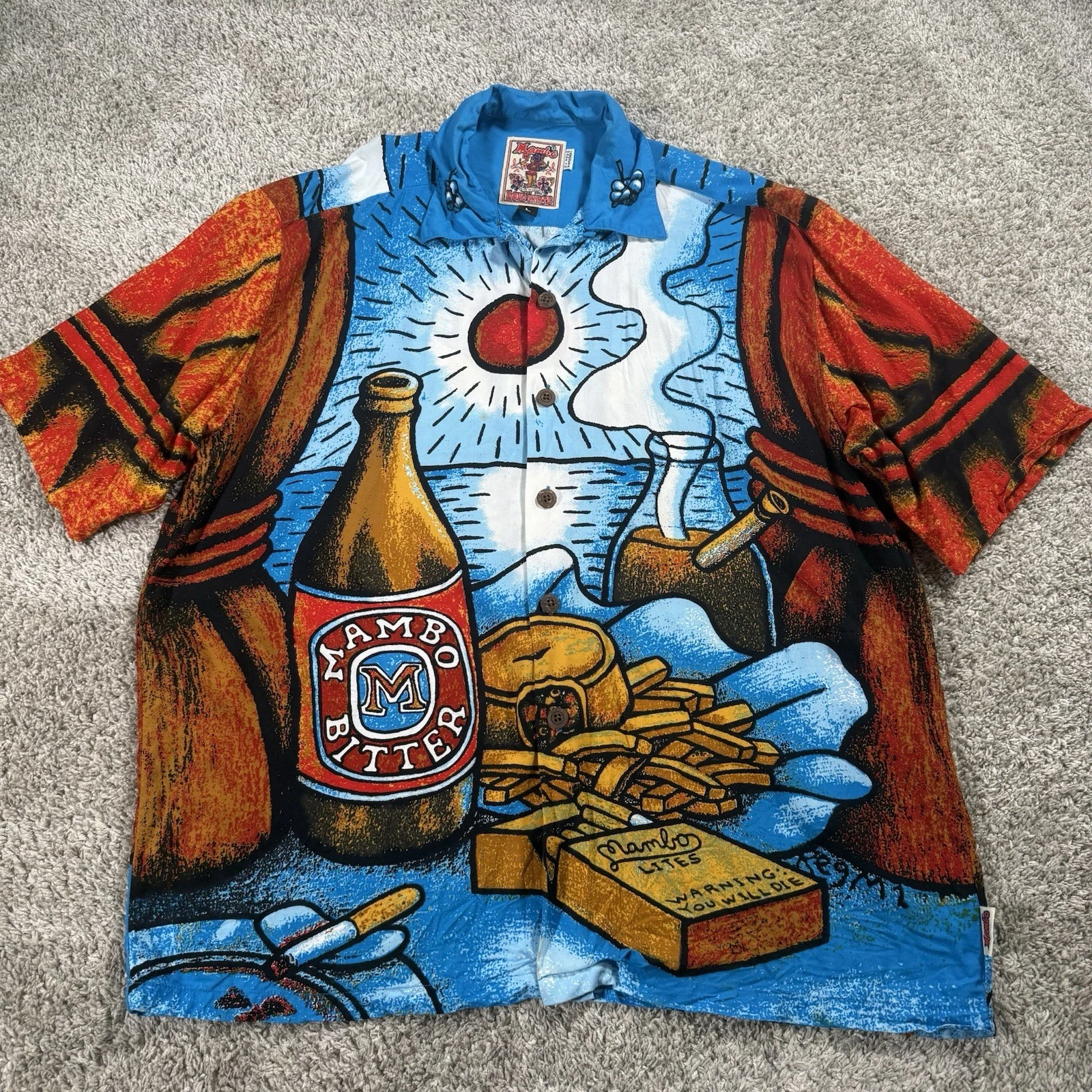 Vintage Mambo Loud Shirt Mens Large Hawaiian Bitter Beer Bong Button Rayon 90s