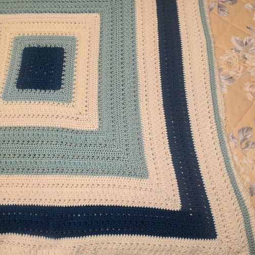 Handmade Crocheted Baby Blanket In Blue And White Large - Picture 4 of 7