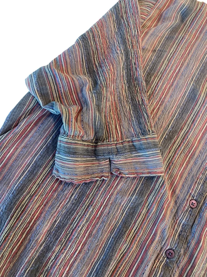 Women’s 3X Button Up Top Striped Crinkle Cotton Half Sleeve Blue Boho Comfort - Image 2 of 4