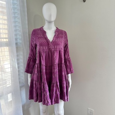 Devotion Twins Ella Boho Babydoll Dress Purple Tiered Mini Womens S Silk Blend