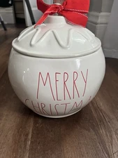 Rae Dunn MERRY CHRISTMAS Bauble Cookie Jar Large Ceramic Canister Red Bow
