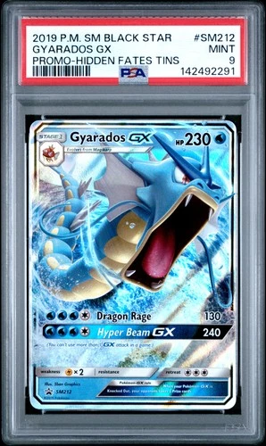2019 POKEMON SM BLACK STAR PROMO HIDDEN FATES TINS #SM212 GYARADOS GX PSA 9