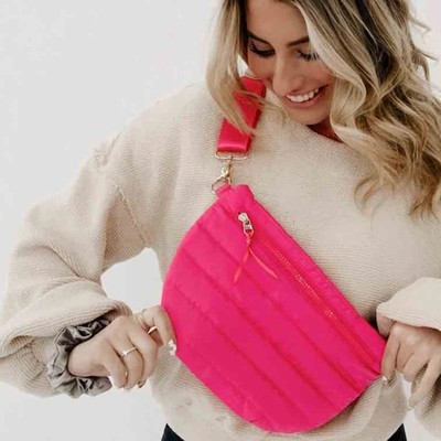 Fuchsia Hot Pink Quilted Puffer Sling Belt Crossbody Bag