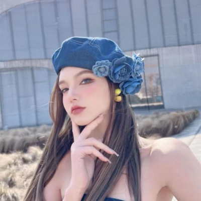 Lady French Beanie Hat Beret Cap Artist Flower Casual Denim  display picture 2