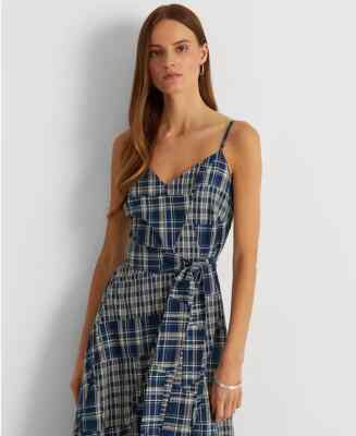LAUREN RALPH LAUREN Patchwork Cotton Sleeveless Dress Blue