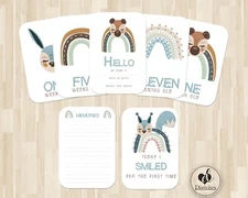 Baby Boy Milestone cards, Photo props, 40 cards, Rainbow, Animals, 300gsm