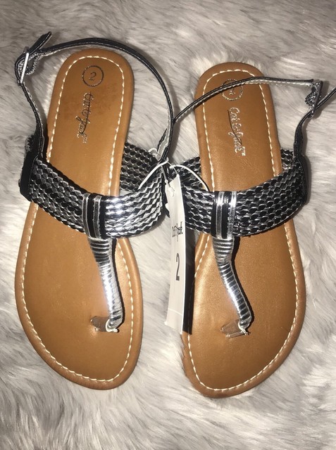 NWT Girls Cat & Jack Target Nikko Black Silver Braided Thong Flat Sandals Sz 2 | eBay