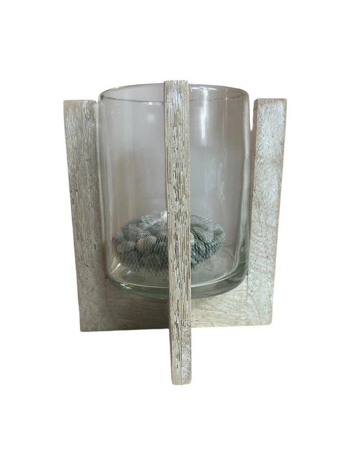 "Candelabro Hurricane madera a la deriva gris piedra vidrio playa costero náutico 8""" Foto 2 de 4