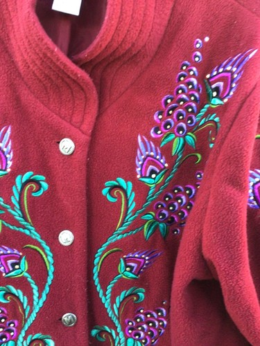 BOB MACKIE WEARABLE ART FLEECE MAROON JACKET Size 1X Embroidered - Picture 3 of 4
